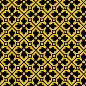 medieval geometric floral, black on yellow