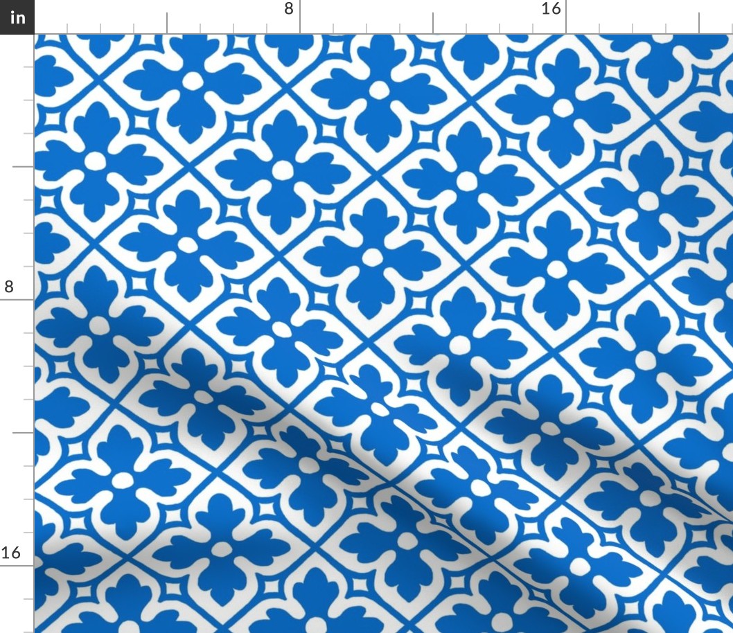 medieval geometric floral, blue and white