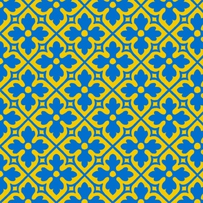 medieval geometric floral, blue and yellow