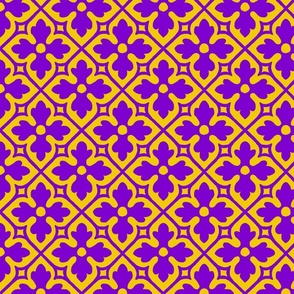 medieval geometric floral, purple on yellow