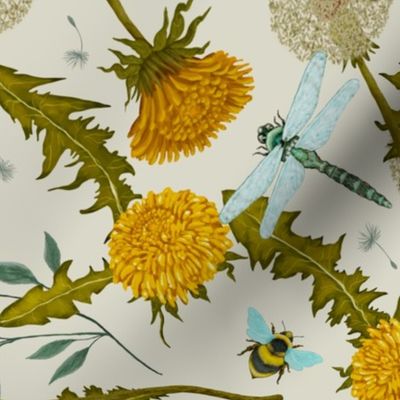Dandelions and Dragonflies on a cream background