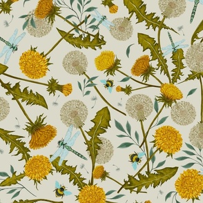 Dandelions and Dragonflies on a cream background