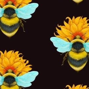 Bumblebee with Sunrise Daisy on black background, half drop