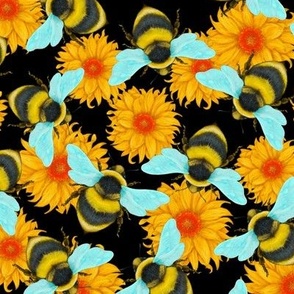 Bumblebees and Daisies on a black background