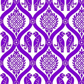 Hand-drawn medieval bird damask, purple on white