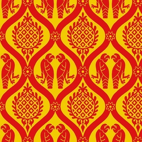 Hand-drawn medieval bird damask, red on yellow