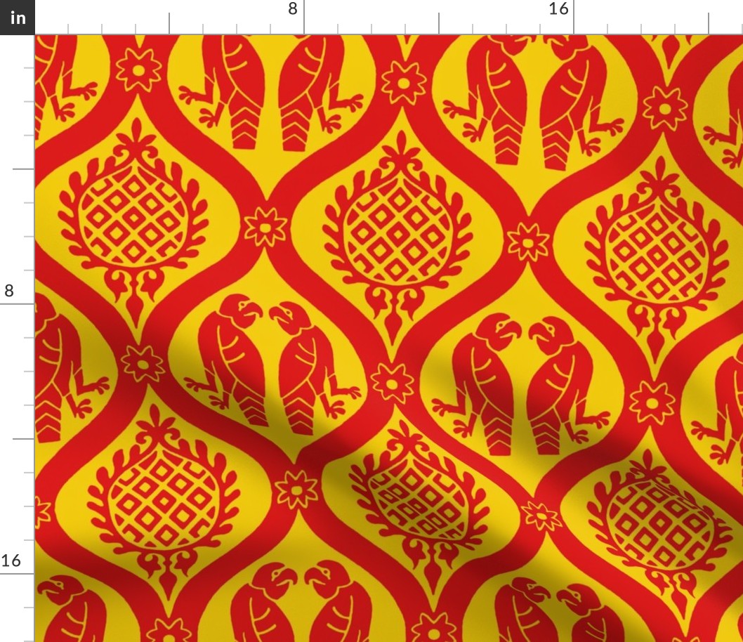 Hand-drawn medieval bird damask, red on yellow