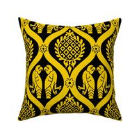 Hand-drawn medieval bird damask, yellow on black