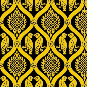 Hand-drawn medieval bird damask, yellow on black