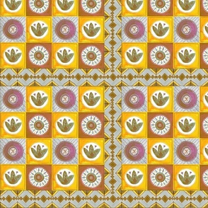 Watercolor Yellow Tile Fabric, Bronze Checks Wallpaper, Mustard, Global Pillow, Cheater Quilt Square