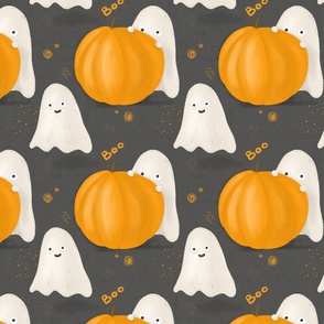 Halloween pattern with pumpkins and cute ghost