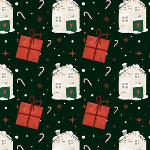 Christmas pattern with houses and gifts on dark green