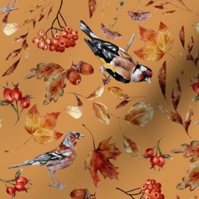 10" Watercolor Hand painted Fall Forest Birds And Leaves - terracotta