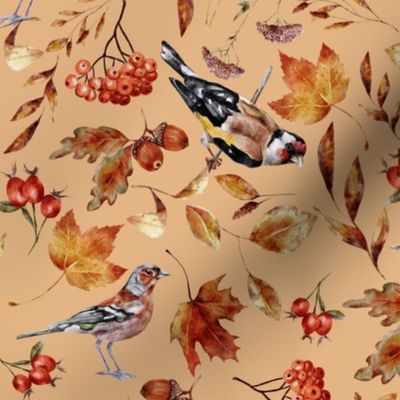 10" Watercolor Hand painted Fall Forest Birds And Leaves - light terracotta