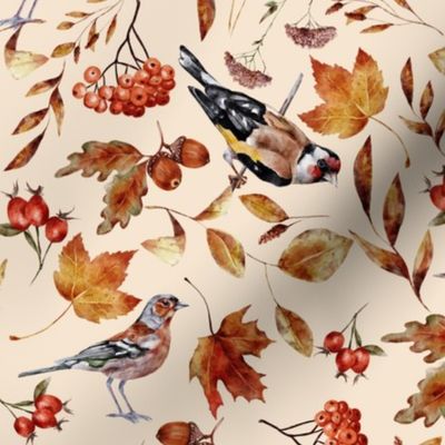10" Watercolor Hand painted Fall Forest Birds And Leaves - beige blush