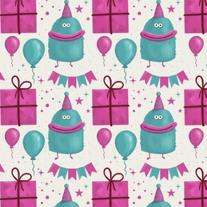 Cute monsters, happy birthday pattern, gifts, balloons