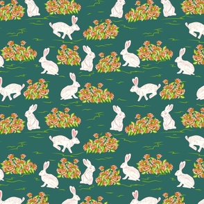 Rabbits in Roses- Easter Bunny in the Garden- Myrtle Green- Regular Scale