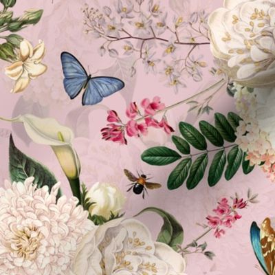 Small - Vintage Summer Romanticism:Maximalism Moody Florals-Antiqued Roses And Peonies Bouquets Nostalgic Butterflies-  Gothic- Antique Magnolia  Botany And Animal Wallpaper and Victorian Goth Mystic inspired on blush pink, double layer