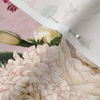 Small - Vintage Summer Romanticism:Maximalism Moody Florals-Antiqued Roses And Peonies Bouquets Nostalgic Butterflies-  Gothic- Antique Magnolia  Botany And Animal Wallpaper and Victorian Goth Mystic inspired on blush pink, double layer