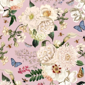 Small - Vintage Summer Romanticism:Maximalism Moody Florals-Antiqued Roses And Peonies Bouquets Nostalgic Butterflies-  Gothic- Antique Magnolia Botany And Animal Wallpaper and Victorian Goth Mystic inspired on light pink