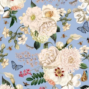 Small - Vintage Summer Romanticism:Maximalism Moody Florals-Antiqued Roses And Peonies Bouquets Nostalgic Butterflies-  Gothic- Antique Magnolia Botany And Animal Wallpaper and Victorian Goth Mystic inspired  baby blue