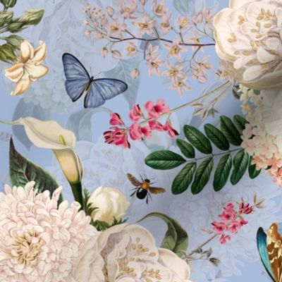 Small - Vintage Summer Romanticism:Maximalism Moody Florals-Antiqued Roses And Peonies Bouquets Nostalgic Butterflies-  Gothic- Antique Magnolia Botany And Animal Wallpaper and Victorian Goth Mystic inspired on baby blue, double layer