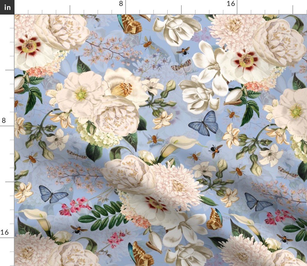 Small - Vintage Summer Romanticism:Maximalism Moody Florals-Antiqued Roses And Peonies Bouquets Nostalgic Butterflies-  Gothic- Antique Magnolia Botany And Animal Wallpaper and Victorian Goth Mystic inspired on baby blue, double layer