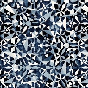 small scale Watercolour Kaleidoscope Fifties Geometric / dark indigo navy monochrome