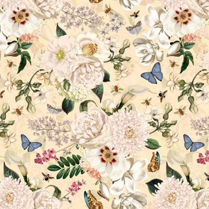 Small - Vintage Summer Romanticism:Maximalism Moody Florals-Antiqued Roses And Peonies Bouquets Nostalgic Butterflies-  Gothic- Antique Magnolia Botany And Animal Wallpaper and Victorian Goth Mystic inspired on soft yellow, double layer