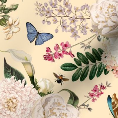 Small - Vintage Summer Romanticism:Maximalism Moody Florals-Antiqued Roses And Peonies Bouquets Nostalgic Butterflies-  Gothic- Antique Magnolia Botany And Animal Wallpaper and Victorian Goth Mystic inspired on soft yellow