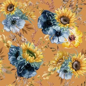 10" Sunflowers Forever - Hand Painted Autumnal Sunflower Baby Fabric, terracotta