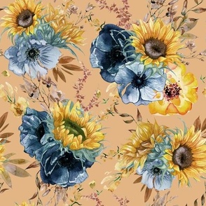 10" Sunflowers Forever - Hand Painted Autumnal Sunflower Baby Fabric, dark blush