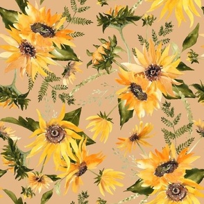 10" Sunflowers Shine Forever - Hand Painted Autumnal Sunflower Baby Fabric, beige