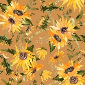 10" Sunflowers Shine Forever - Hand Painted Autumnal Sunflower Baby Fabric, terracotta