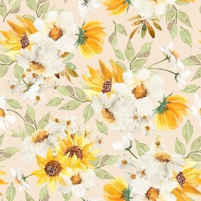 10" Watercolor Hand painted Fall Daisies Sunflowers And Leaves -Daisy wallpaper,Sunflowers Home decor, blush