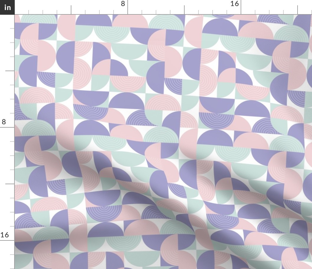 Bauhaus Design // Normal Scale// Geometric Shapes // Circles Lines // Light Pink // Green Violet White Background 