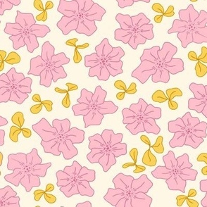 Girly pink Sketchbook Flowers with golden yellow leaves on cream off-white