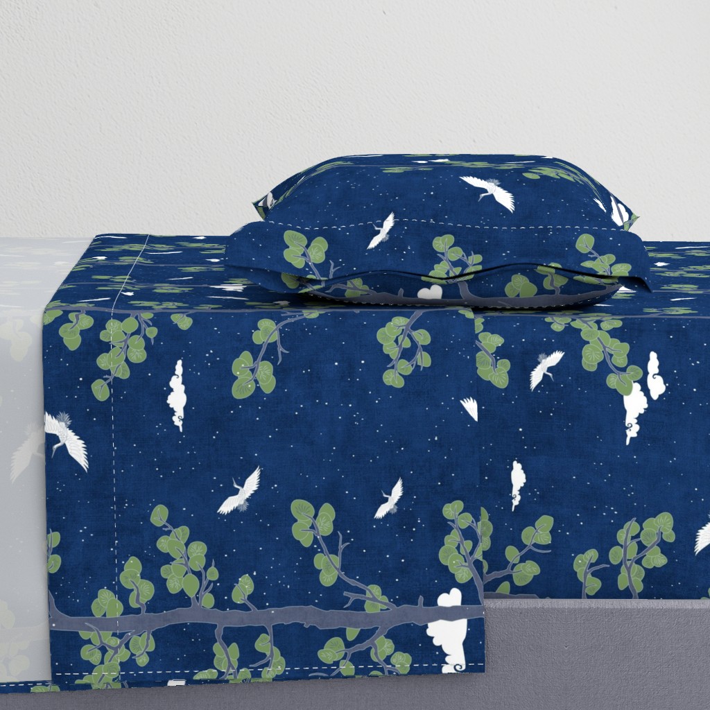 Forest Fabric, Crane Fabric | Indigo Japanese print fabric, bird fabric (large scale)