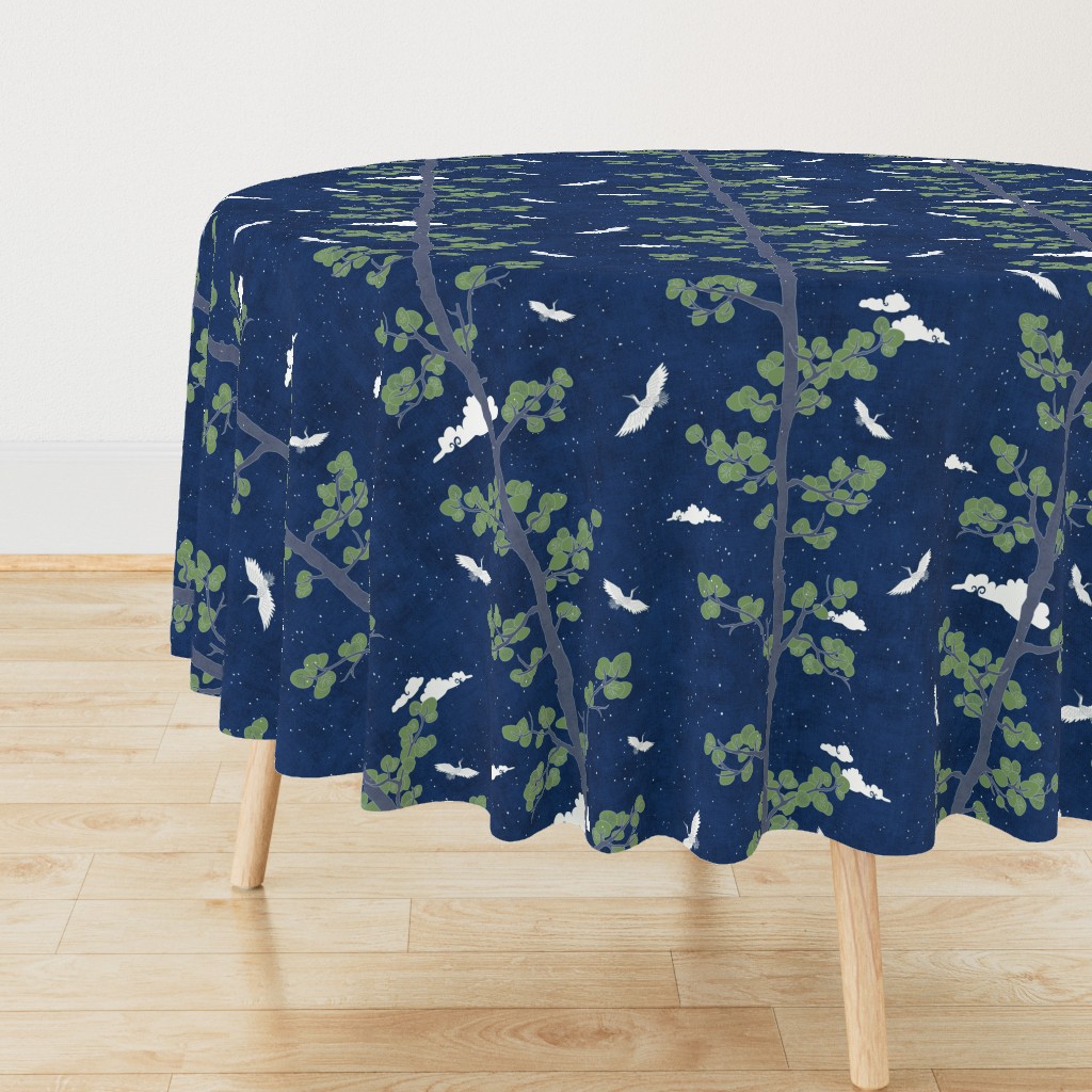 Forest Fabric, Crane Fabric | Indigo Japanese print fabric, bird fabric (large scale)