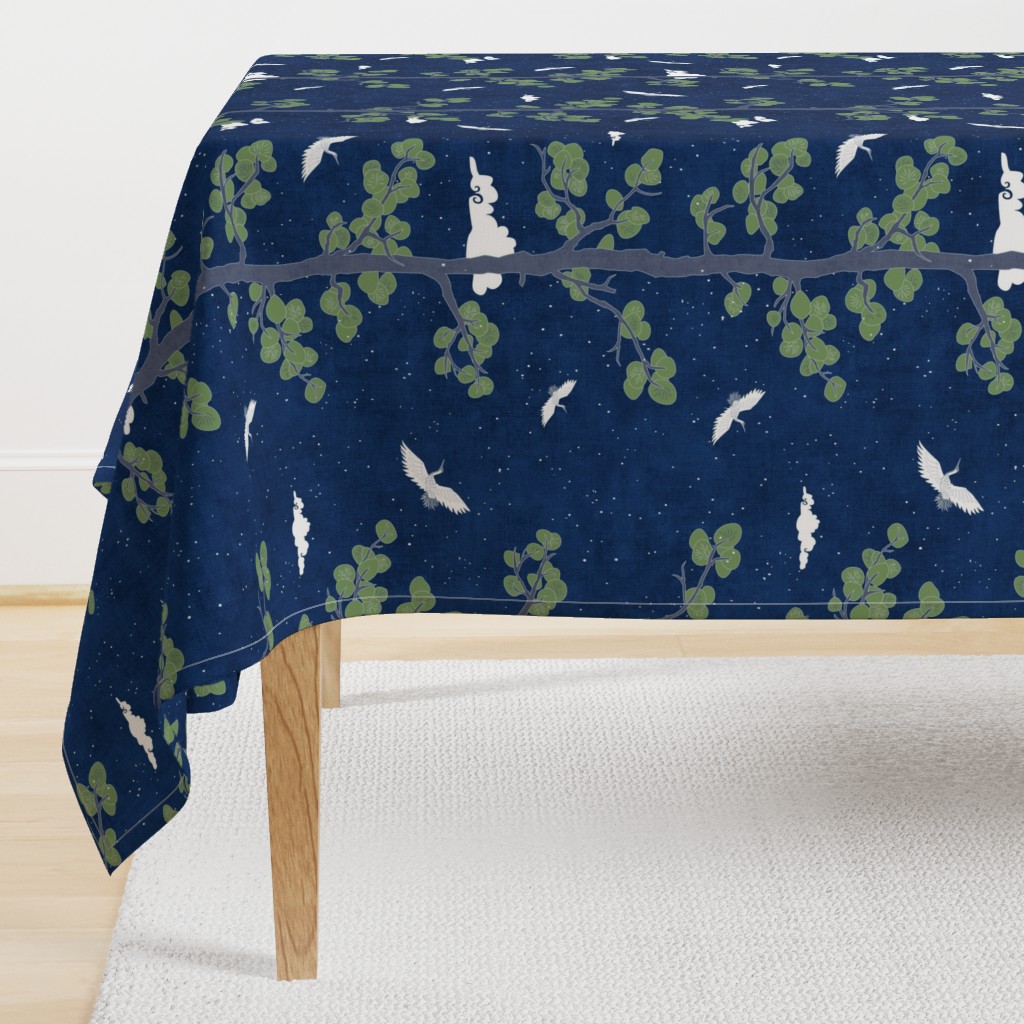 Forest Fabric, Crane Fabric | Indigo Japanese print fabric, bird fabric (large scale)