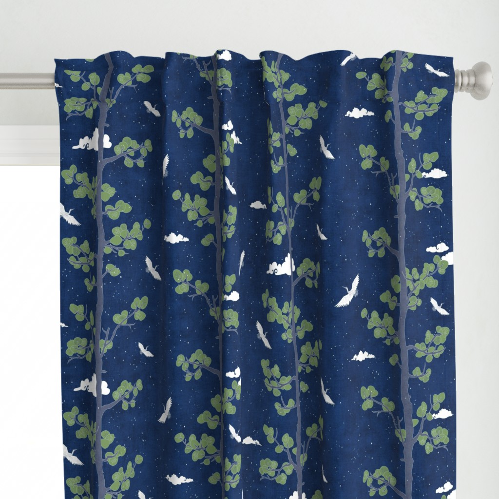 Forest Fabric, Crane Fabric | Indigo Japanese print fabric, bird fabric (large scale)