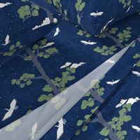 Forest Fabric, Crane Fabric | Indigo Japanese print fabric, bird fabric (large scale)