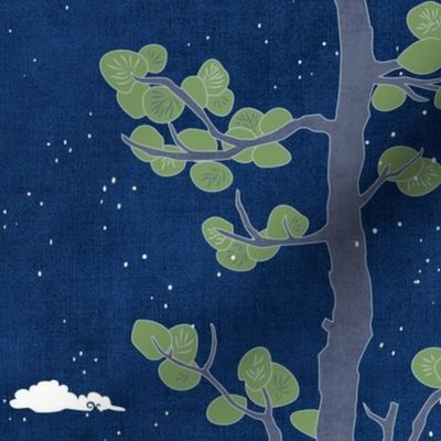 Forest Fabric, Crane Fabric | Indigo Japanese print fabric, bird fabric (large scale)