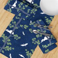 Forest Fabric, Crane Fabric | Indigo Japanese print fabric, bird fabric (large scale)