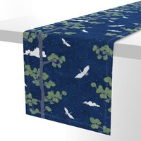 Forest Fabric, Crane Fabric | Indigo Japanese print fabric, bird fabric (large scale)