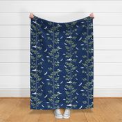 Forest Fabric, Crane Fabric | Indigo Japanese print fabric, bird fabric (large scale)