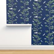 Forest Fabric, Crane Fabric | Indigo Japanese print fabric, bird fabric (large scale)