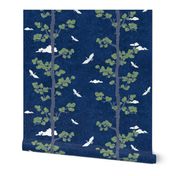 Forest Fabric, Crane Fabric | Indigo Japanese print fabric, bird fabric (large scale)