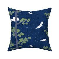 Forest Fabric, Crane Fabric | Indigo Japanese print fabric, bird fabric (large scale)