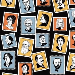 Great writers on stamps (in black, grey, ochre and terracotta) SMALL SIZE